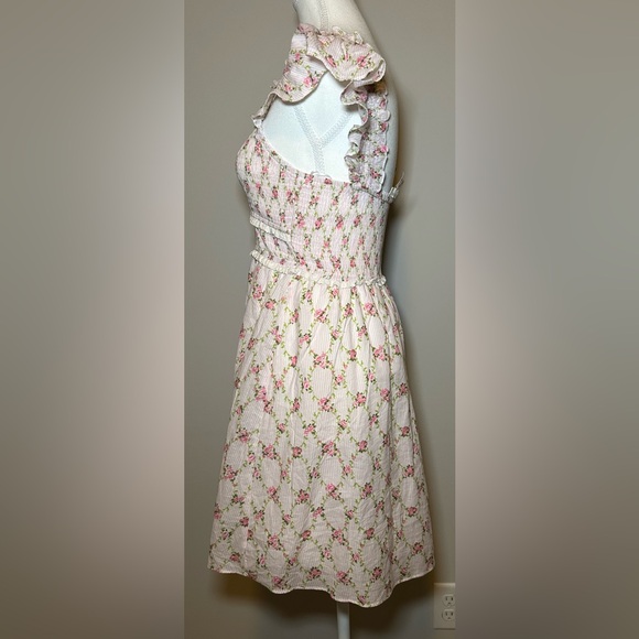 Pink Floral cotton stripe Print Prairie flutter sleeve Dress sweet girlie cute M - Picture 5 of 10